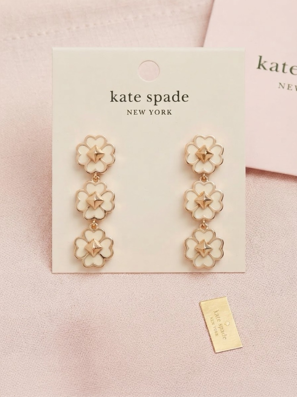 Kate Spade linear white and gold statement spade pierced drop earrings